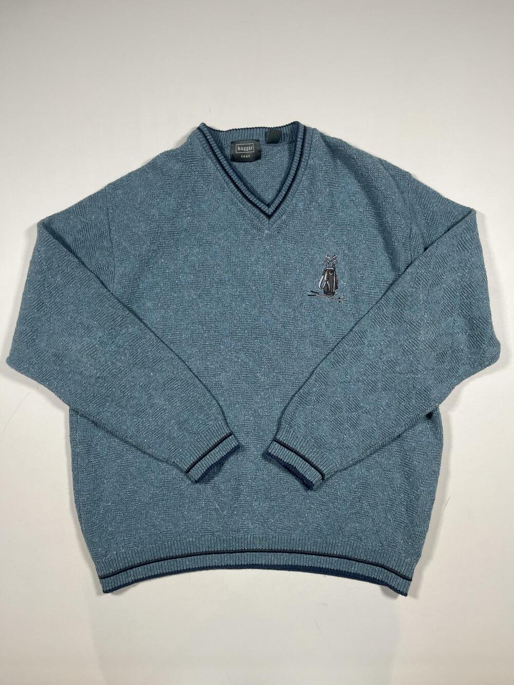 Vintage Haggar Sweater Mens 2XL Blue V Neck Golf Argyle Pullover Made USA 90s